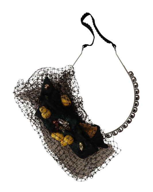 Tiara plateada con cristales y frutas, diadema de malla negra