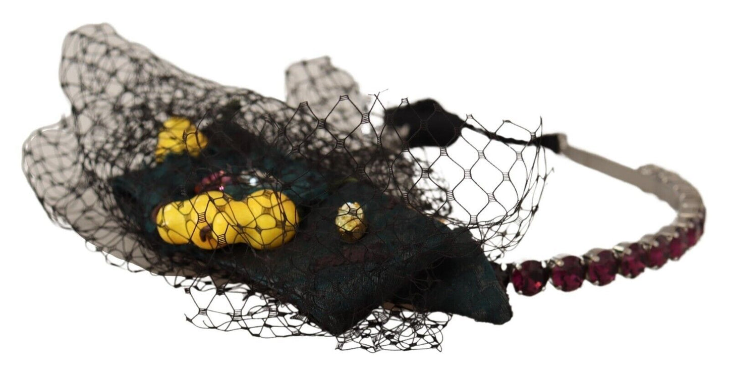 Tiara plateada con cristales y frutas, diadema de malla negra