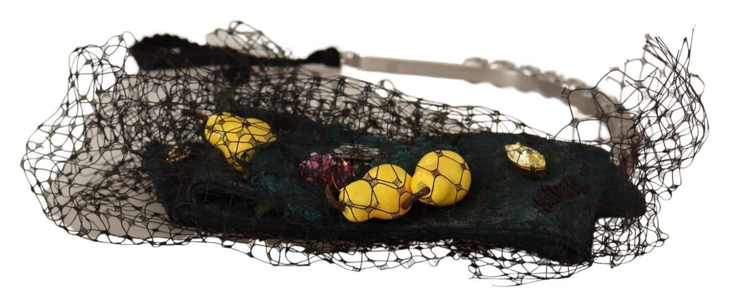 Tiara plateada con cristales y frutas, diadema de malla negra