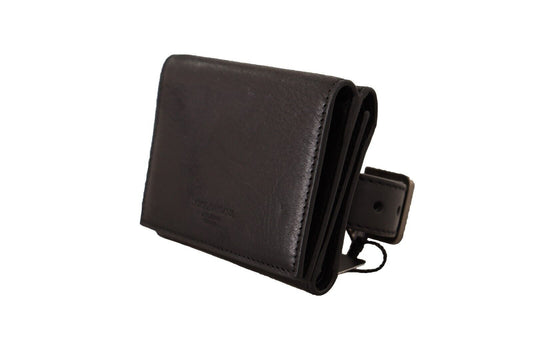 Monedero de cuero negro con tres pliegues y cinturón, cartera multiusos