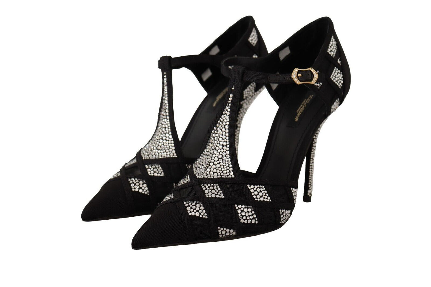 Escarpins à talons et brides en T avec cristaux noirs