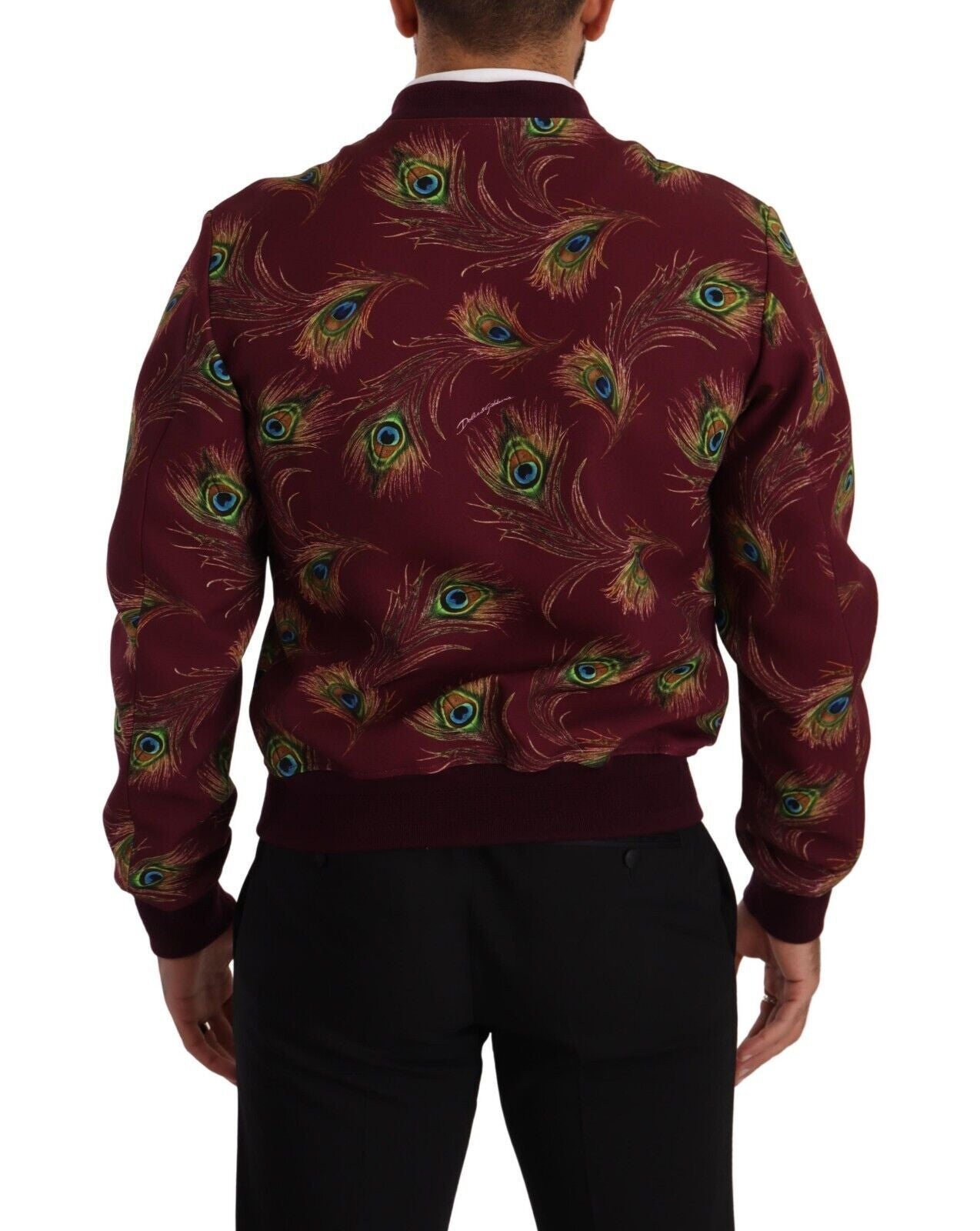 Chaqueta elástica de poliéster con cremallera completa y estampado de pavo real rojo