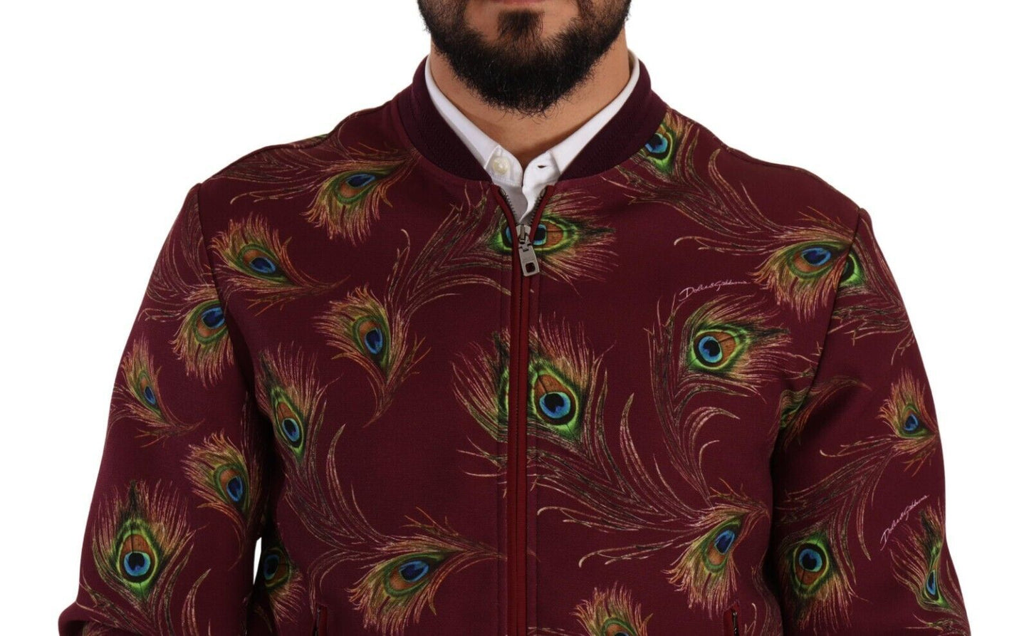 Chaqueta elástica de poliéster con cremallera completa y estampado de pavo real rojo