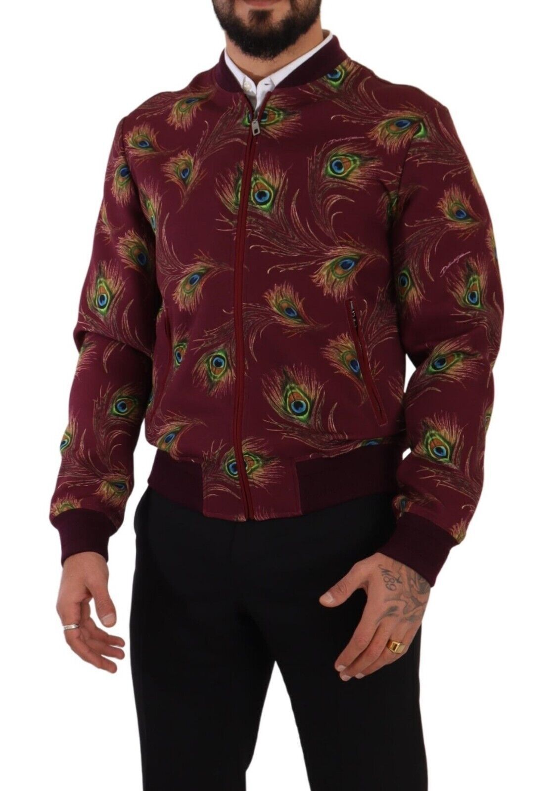 Chaqueta elástica de poliéster con cremallera completa y estampado de pavo real rojo