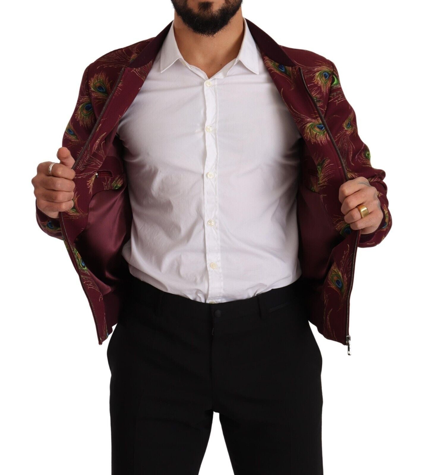 Chaqueta elástica de poliéster con cremallera completa y estampado de pavo real rojo