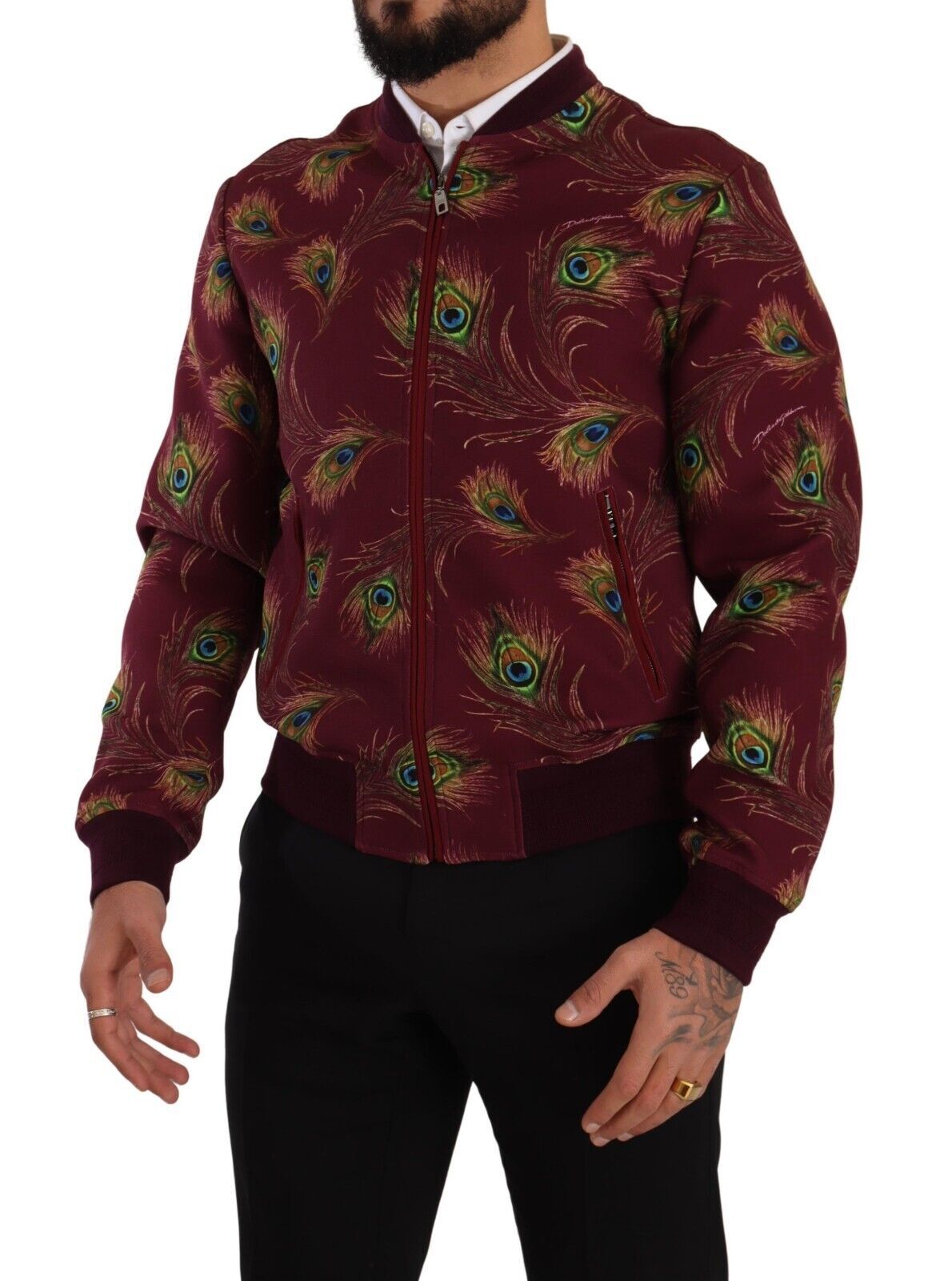 Chaqueta elástica de poliéster con cremallera completa y estampado de pavo real rojo