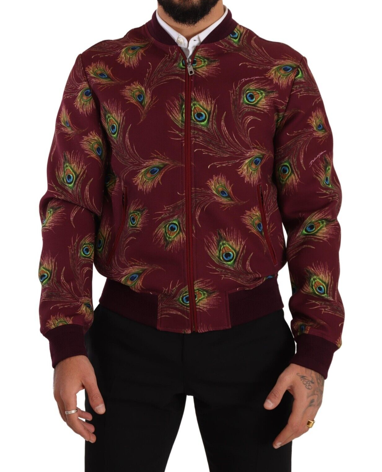 Chaqueta elástica de poliéster con cremallera completa y estampado de pavo real rojo