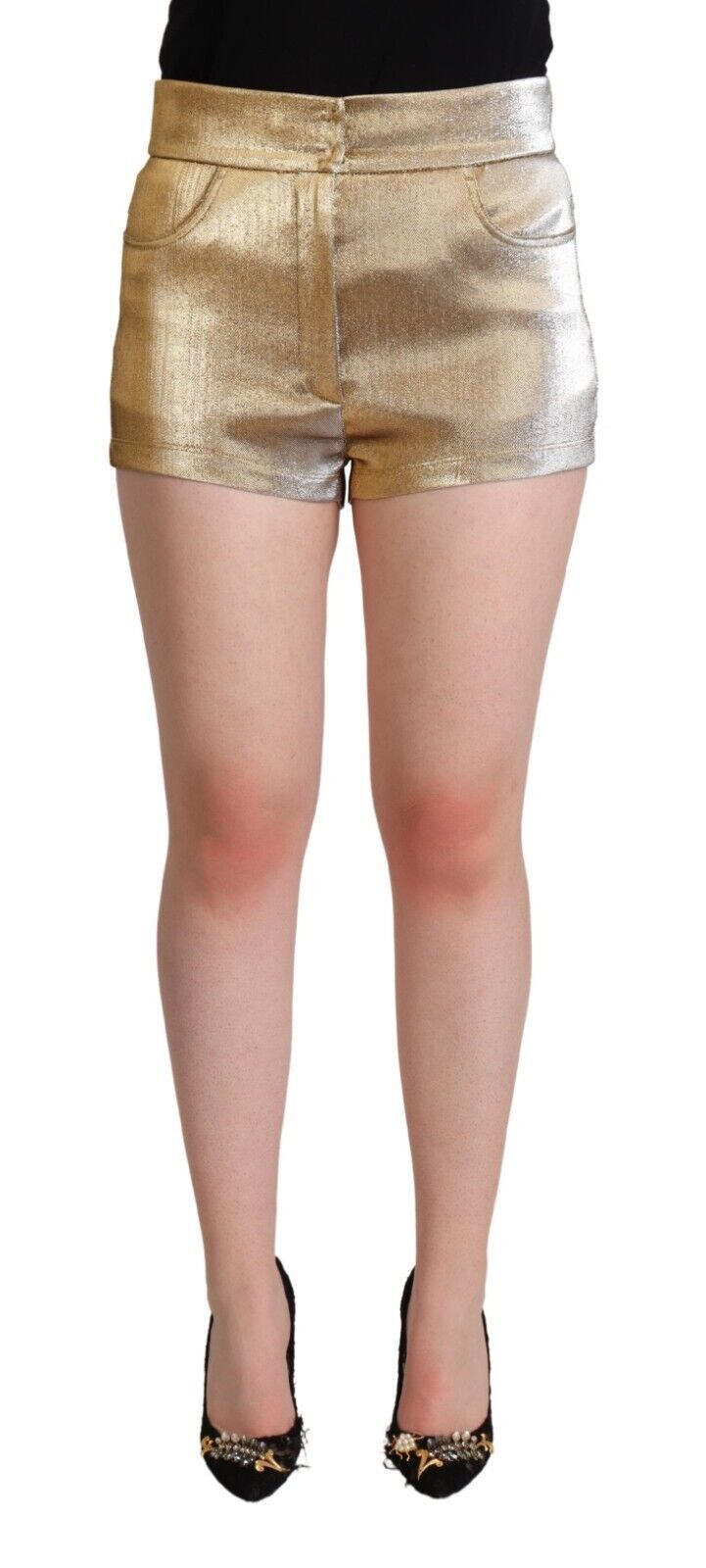 Pantalones cortos cortos de algodón dorado metalizado con cintura media