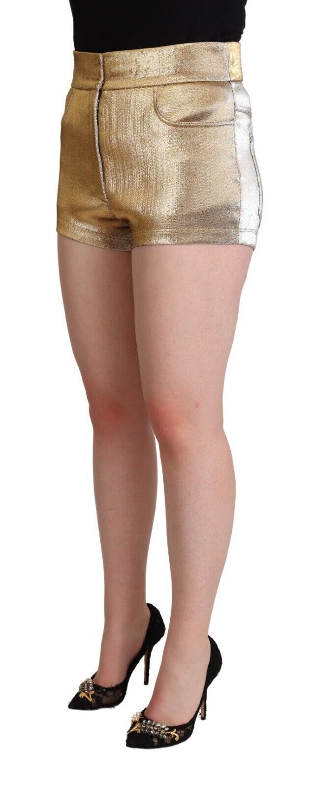 Pantalones cortos cortos de algodón dorado metalizado con cintura media