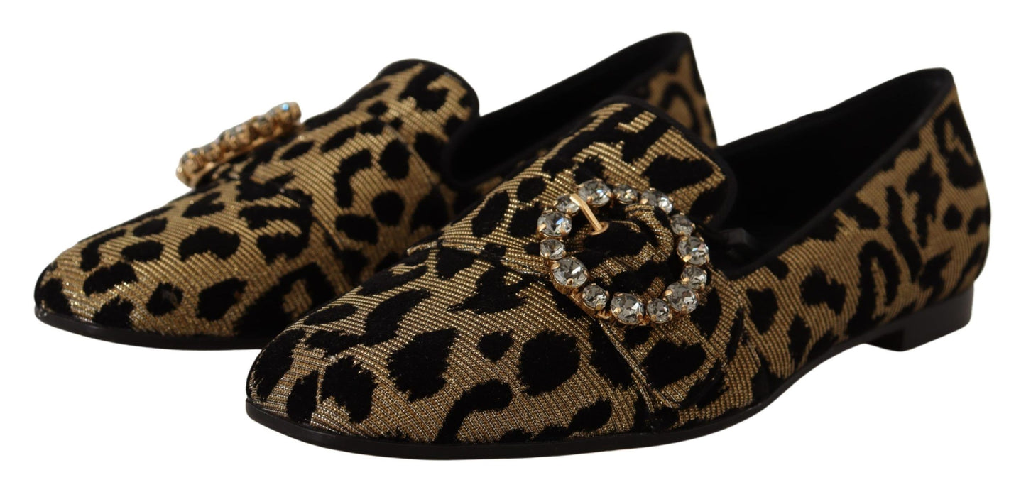 Mocassins dorés à imprimé léopard et cristaux