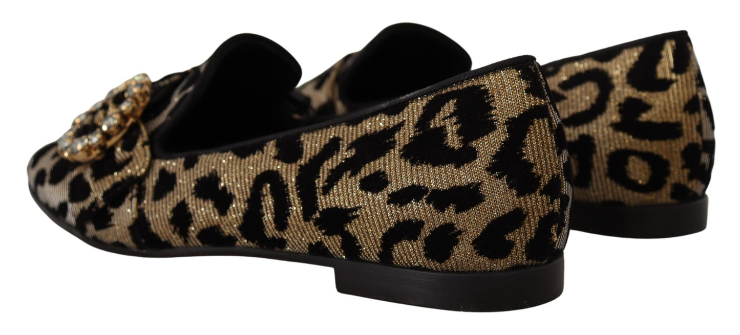 Mocassins dorés à imprimé léopard et cristaux