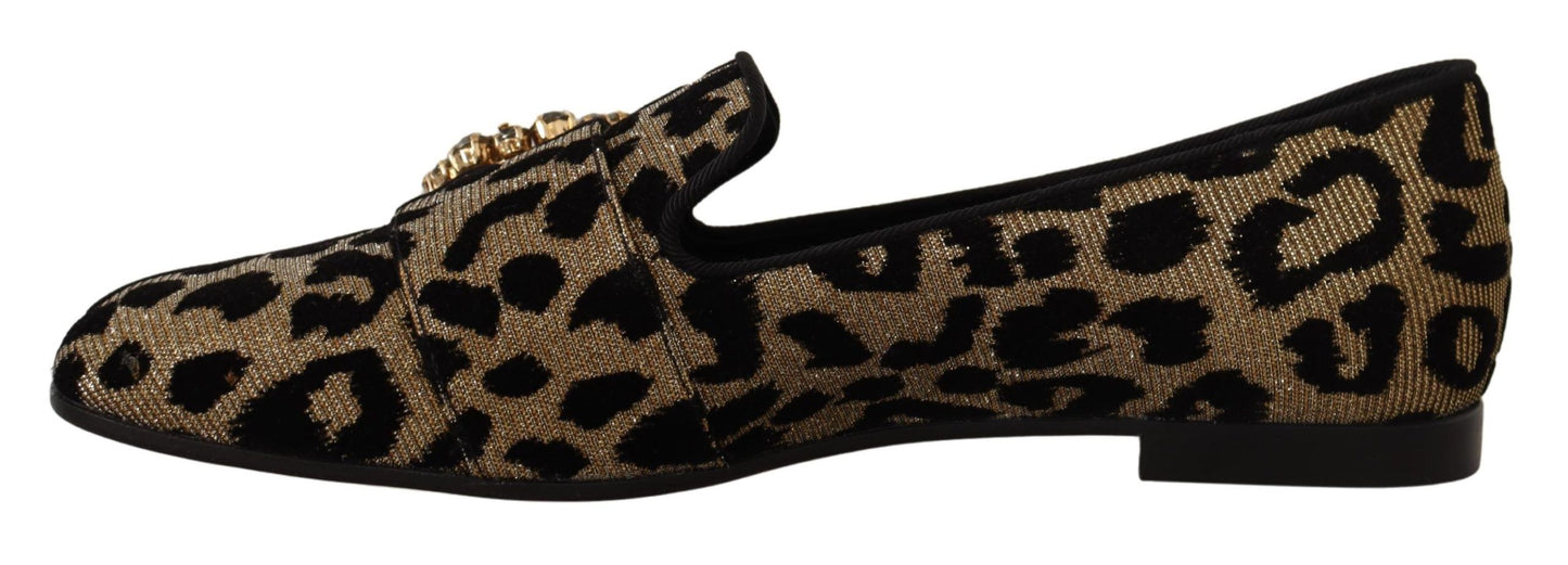 Mocassins dorés à imprimé léopard et cristaux