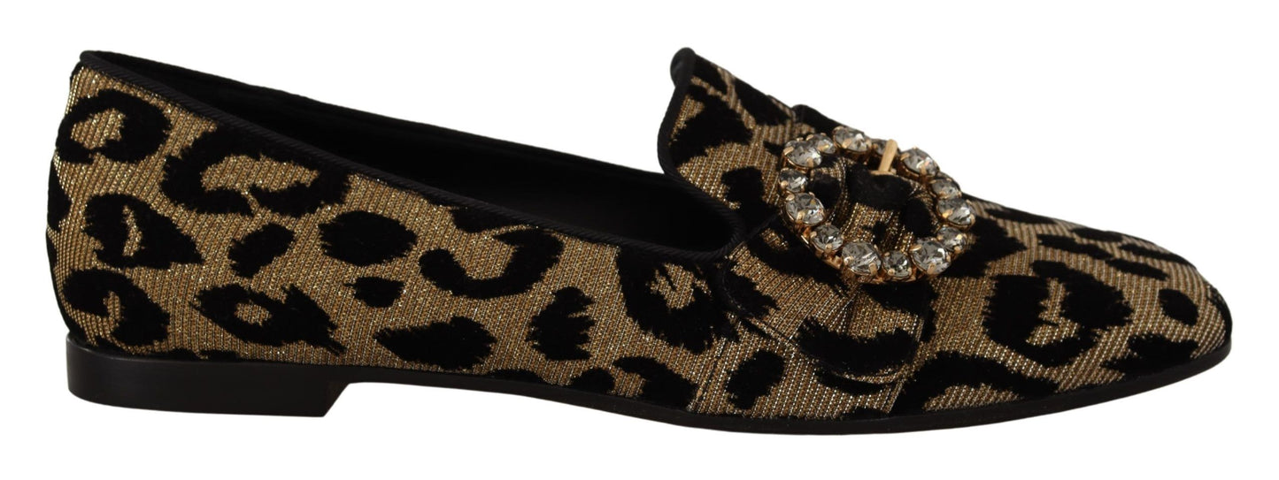 Mocassins dorés à imprimé léopard et cristaux