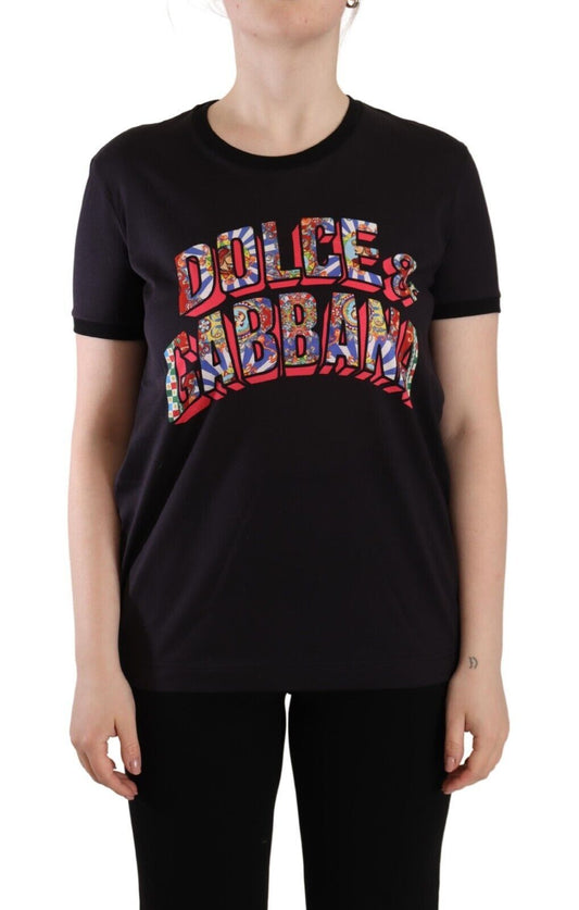 T-shirt col rond en coton noir avec logo imprimé