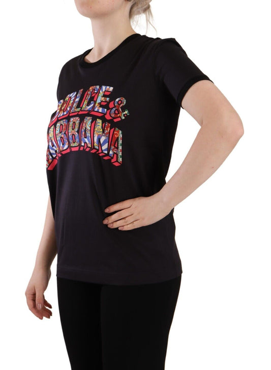 T-shirt col rond en coton noir avec logo imprimé