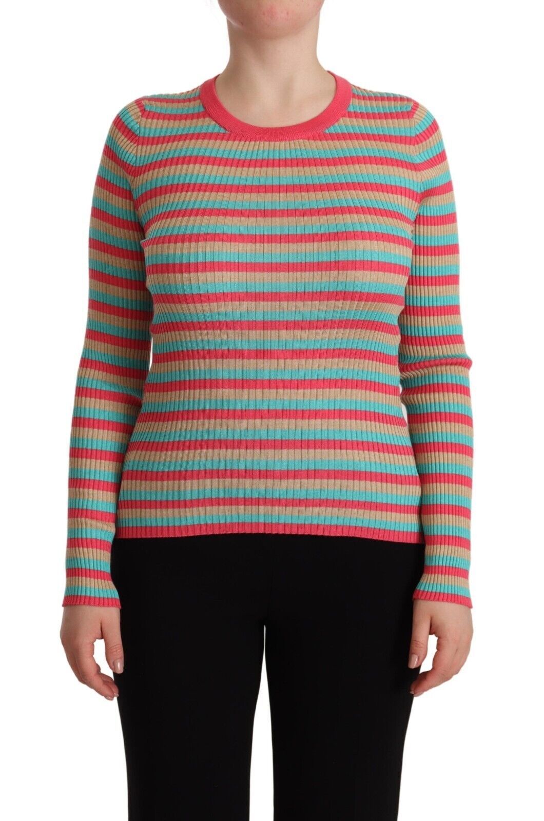 Top de cuello redondo de seda con rayas multicolores