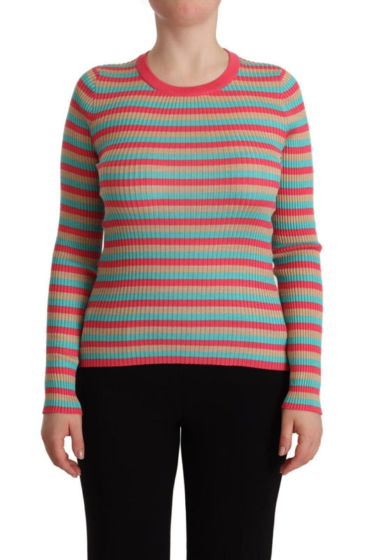 Pull ras du cou en soie à rayures multicolores