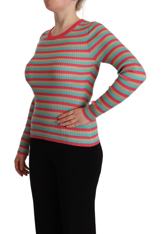 Pull ras du cou en soie à rayures multicolores