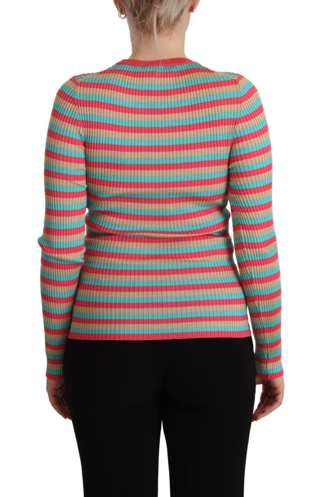 Top de cuello redondo de seda con rayas multicolores