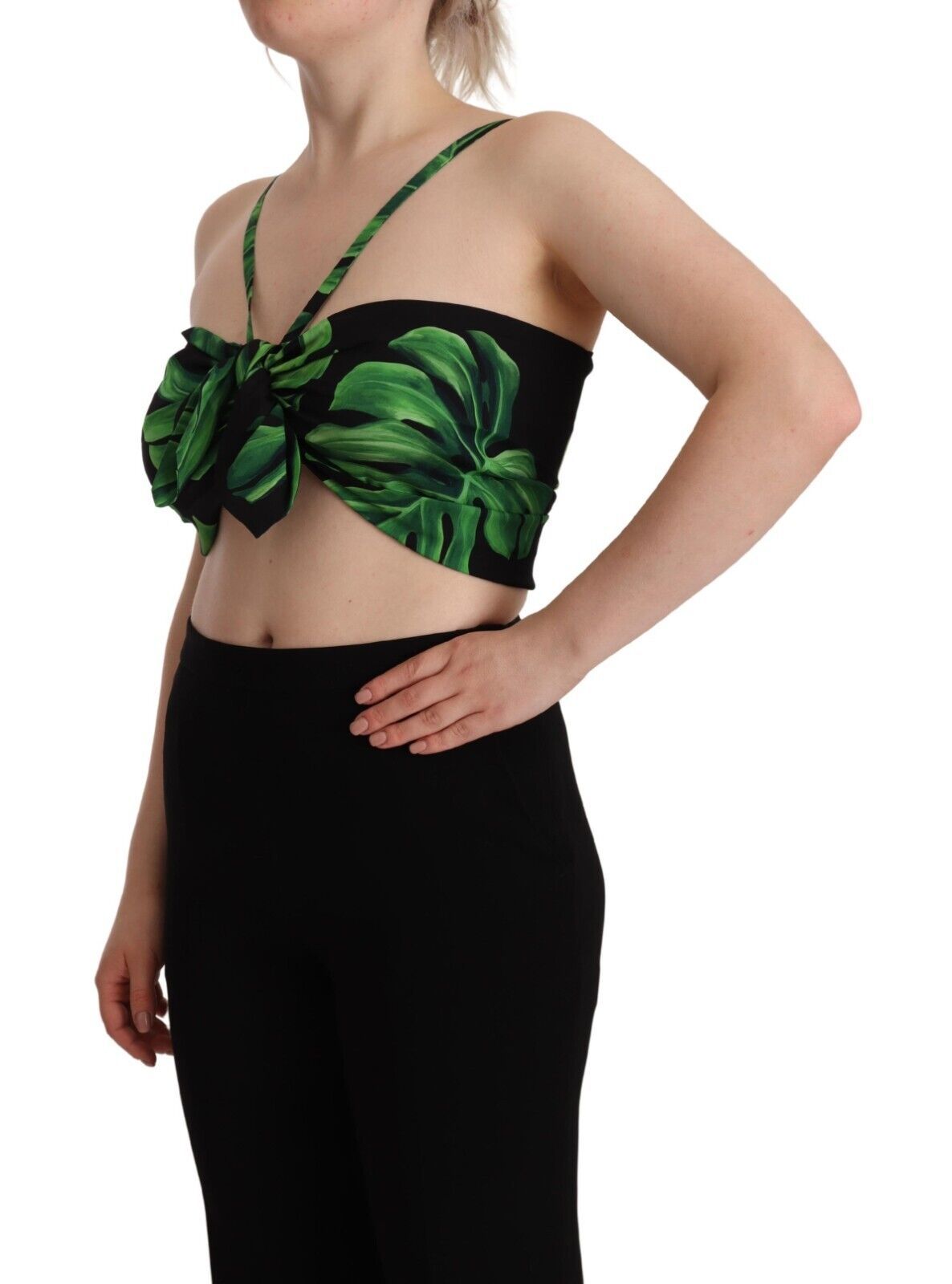 Top corto de seda con cuello halter y hojas verdes y negras