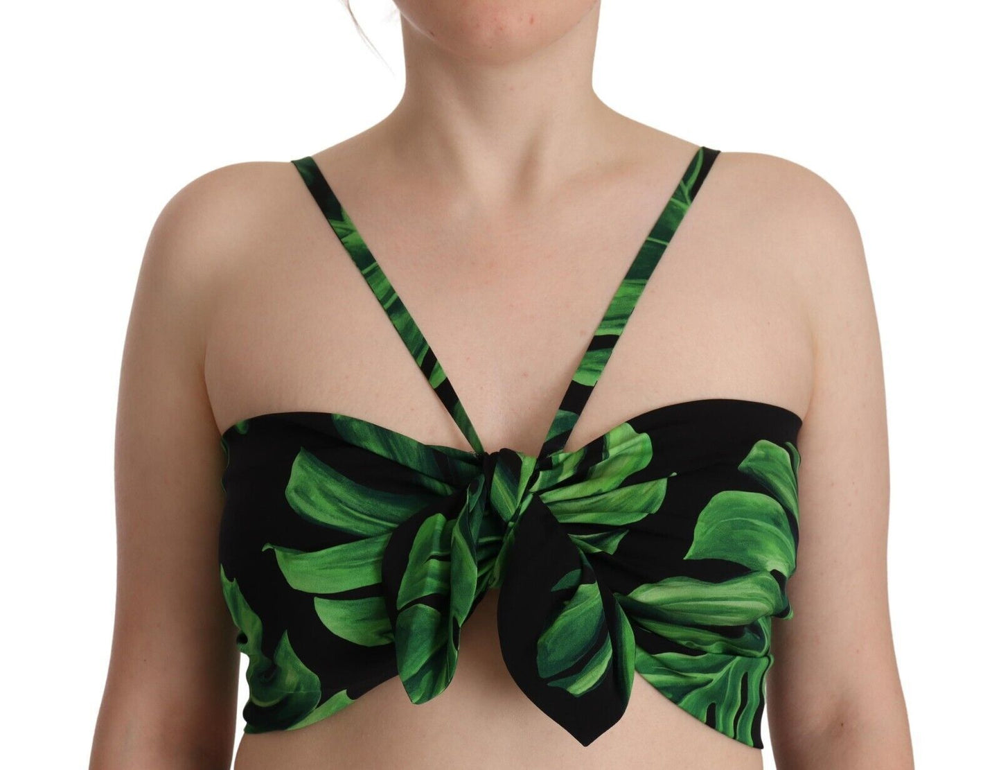 Top corto de seda con cuello halter y hojas verdes y negras