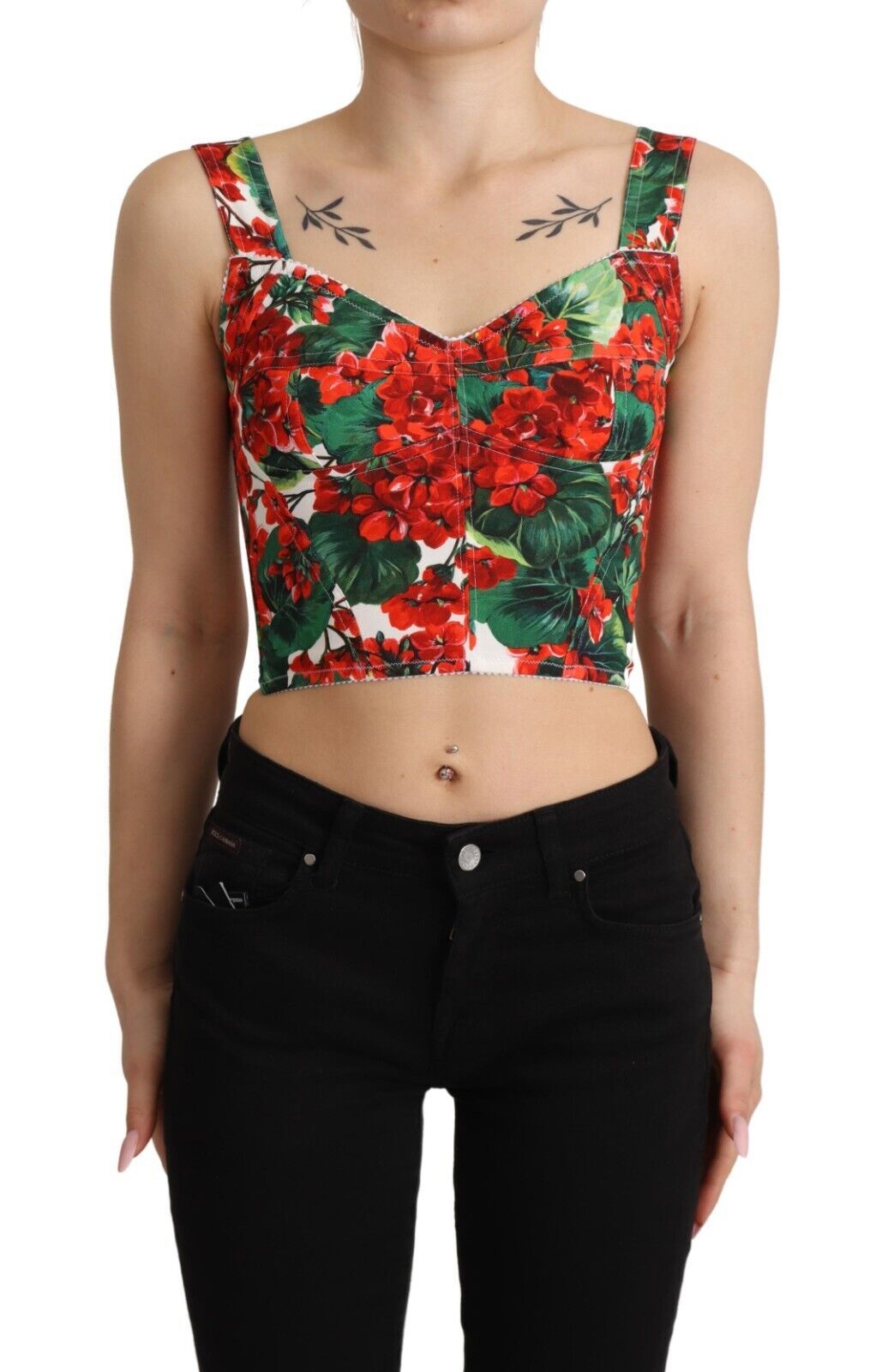 Top corto de viscosa con escote en forma de corazón y estampado de geranio rojo