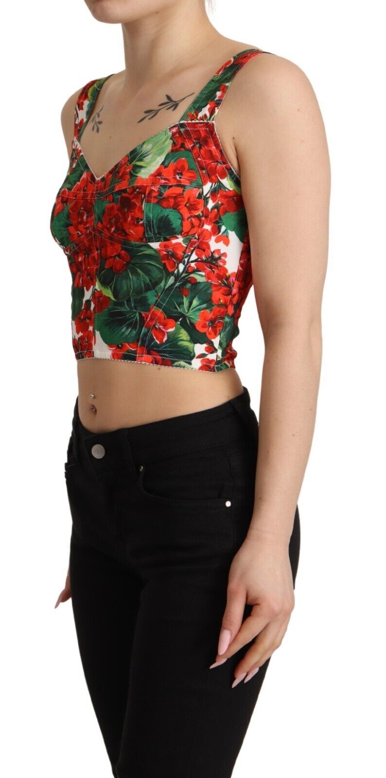 Top corto de viscosa con escote en forma de corazón y estampado de geranio rojo