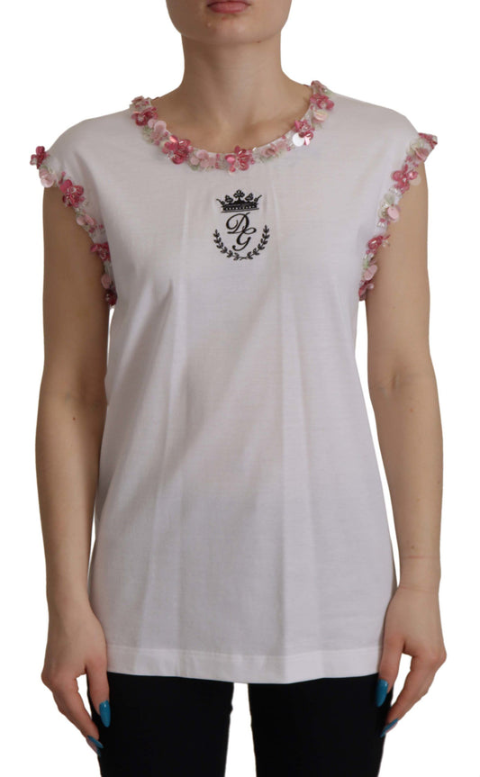 T-shirt blanc à paillettes florales DG Crown