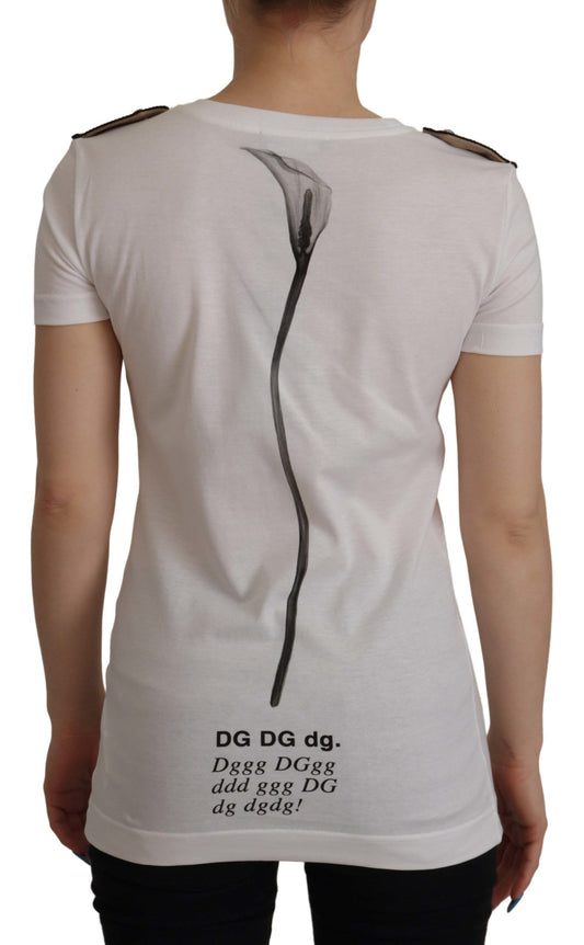 T-shirt ras du cou en coton avec roses blanches et noires