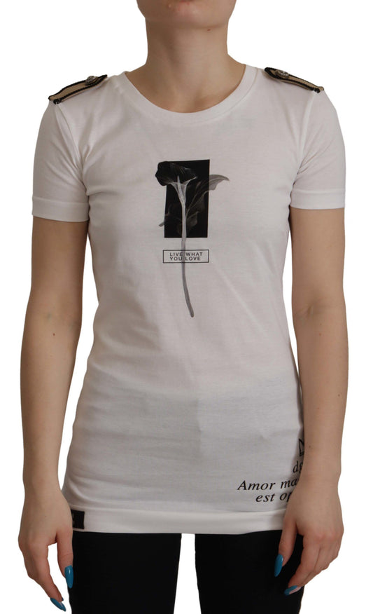 T-shirt ras du cou en coton avec roses blanches et noires
