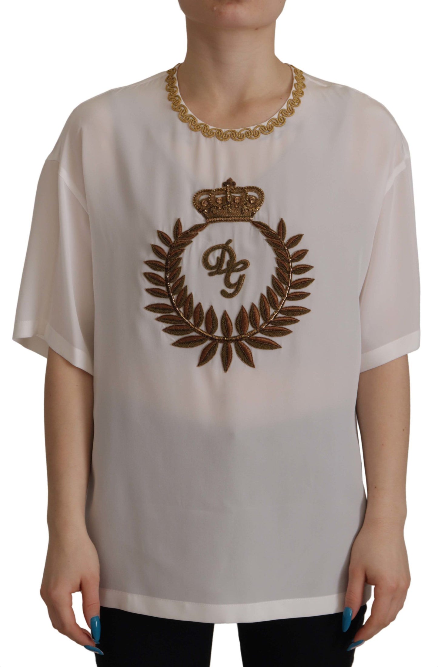 Blusa de seda blanca con cristales y corona DG dorada
