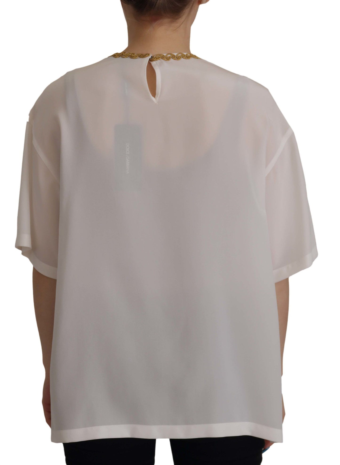 Blusa de seda blanca con cristales y corona DG dorada