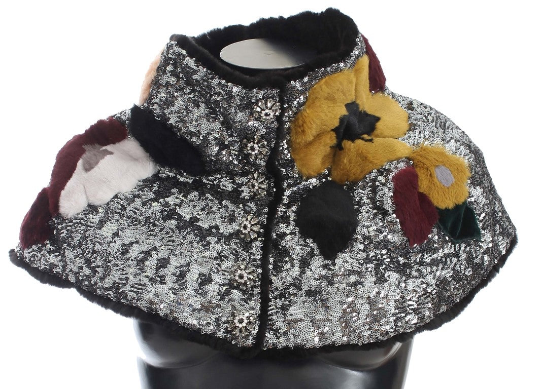 Pañuelo de hombro de piel de comadreja con lentejuelas plateadas y flores