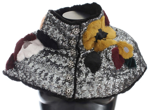 Pañuelo de hombro de piel de comadreja con lentejuelas plateadas y flores