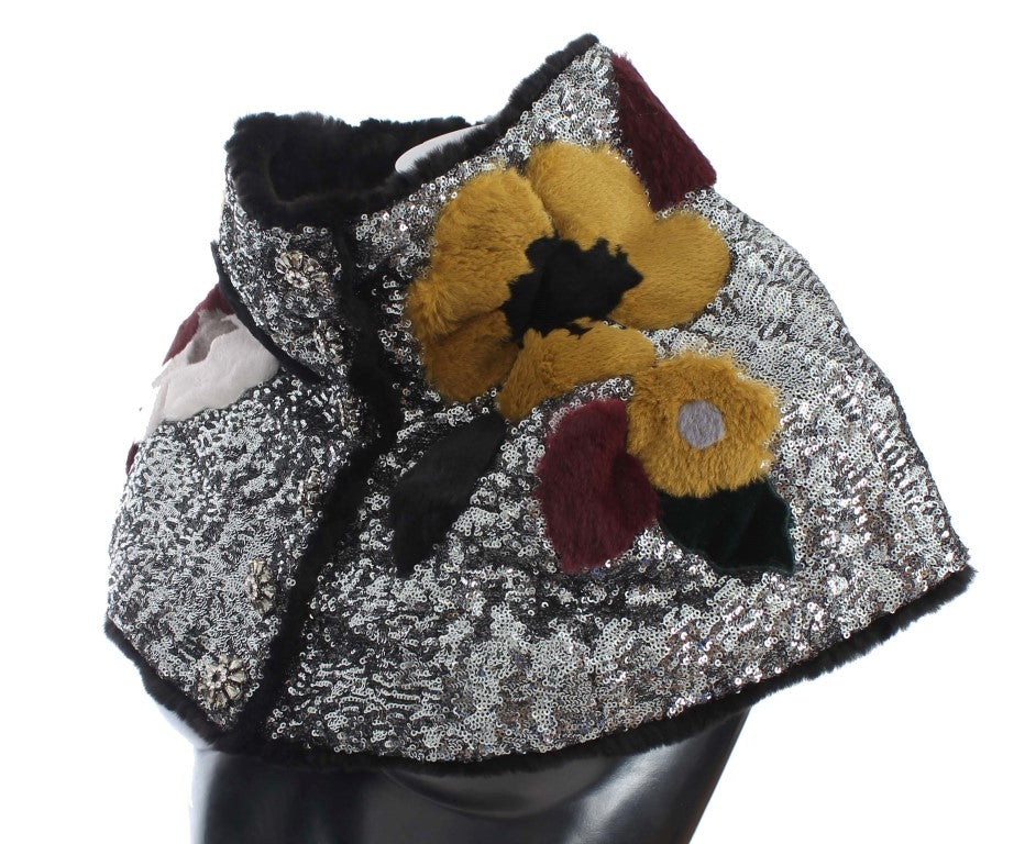 Pañuelo de hombro de piel de comadreja con lentejuelas plateadas y flores