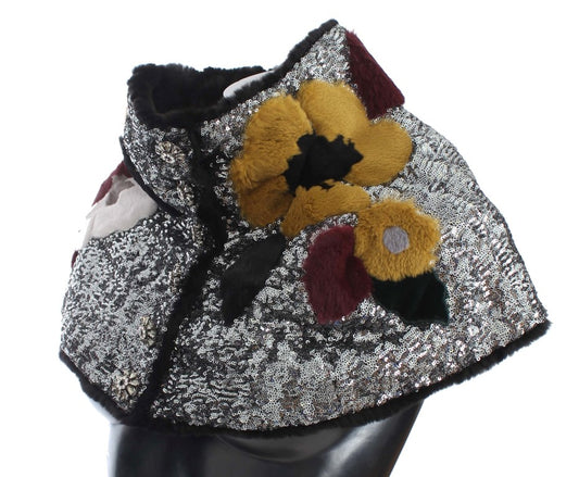 Pañuelo de hombro de piel de comadreja con lentejuelas plateadas y flores
