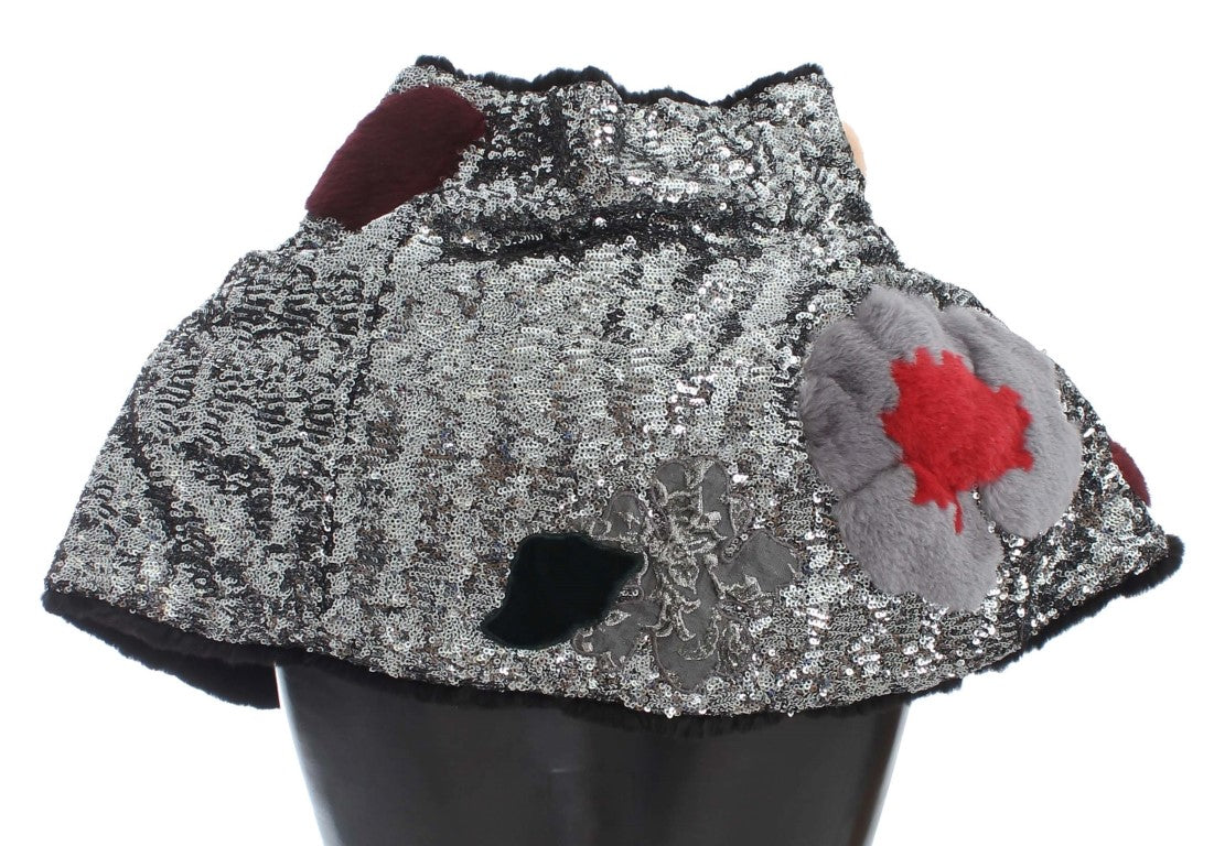 Pañuelo de hombro de piel de comadreja con lentejuelas plateadas y flores