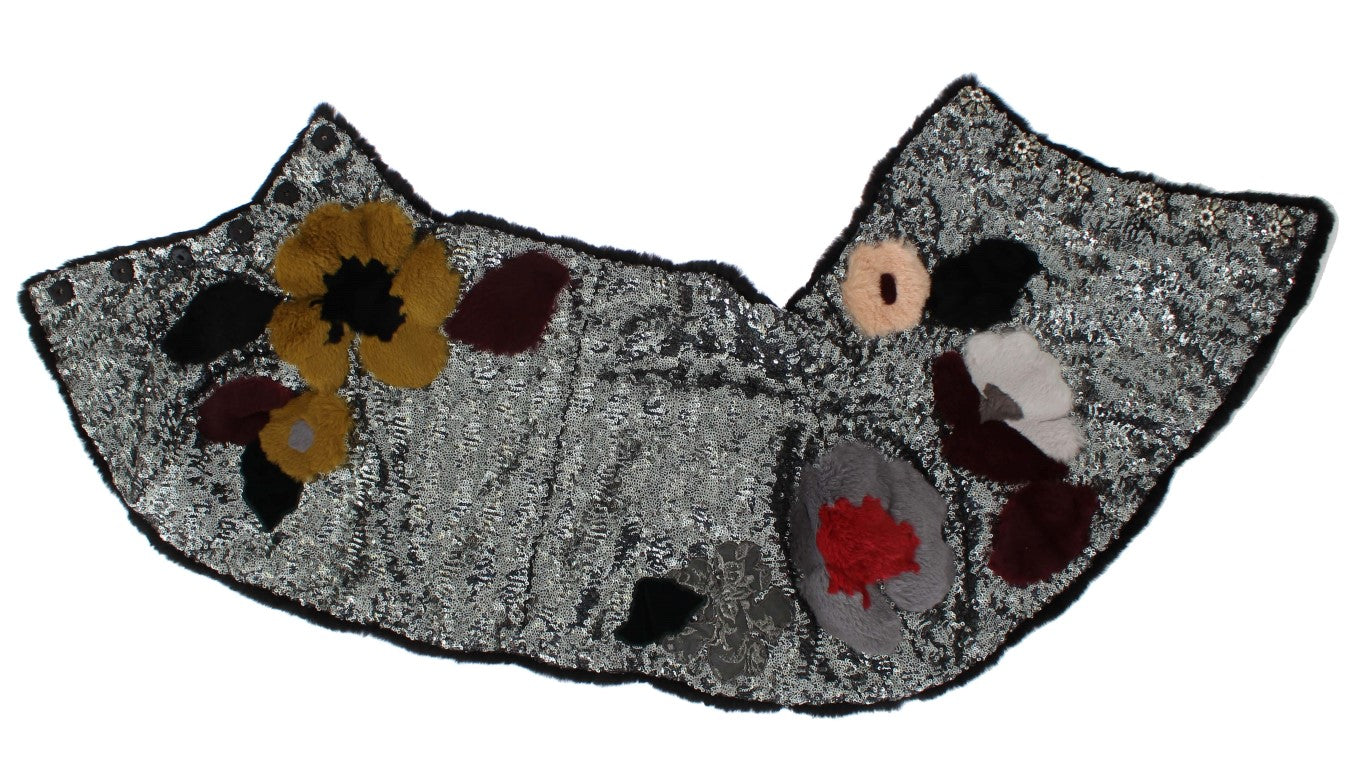 Pañuelo de hombro de piel de comadreja con lentejuelas plateadas y flores