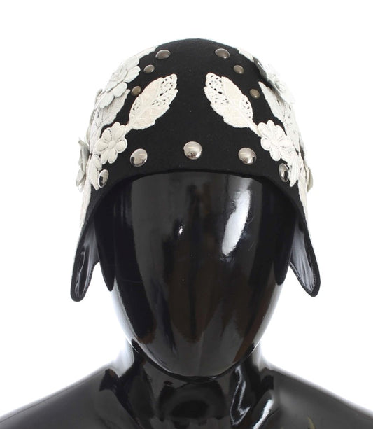 Sombrero de lana negra con estampado floral blanco y pan de oro