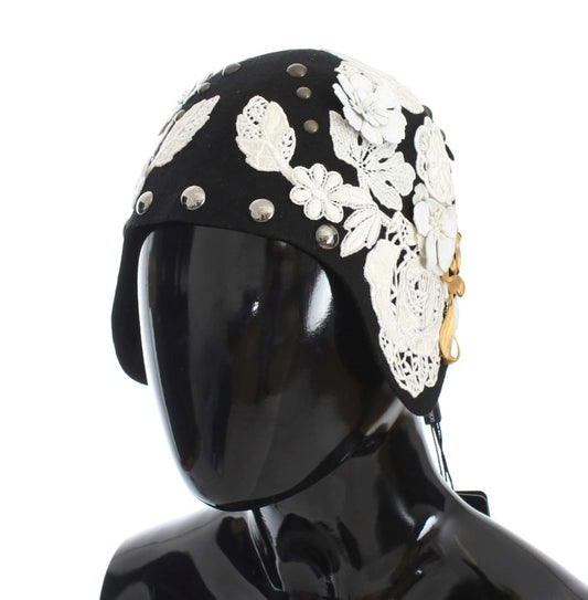 Sombrero de lana negra con estampado floral blanco y pan de oro