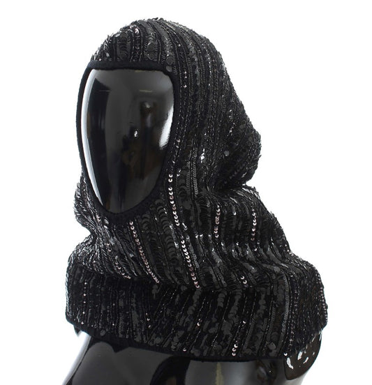Gorro con capucha y bufanda de punto con lentejuelas negras