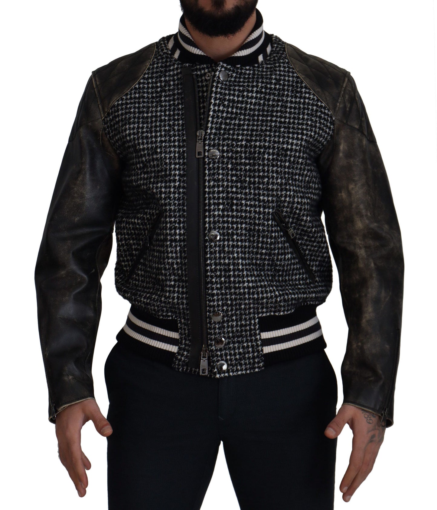 Chaqueta bomber de poliéster con estampado pata de gallo negro