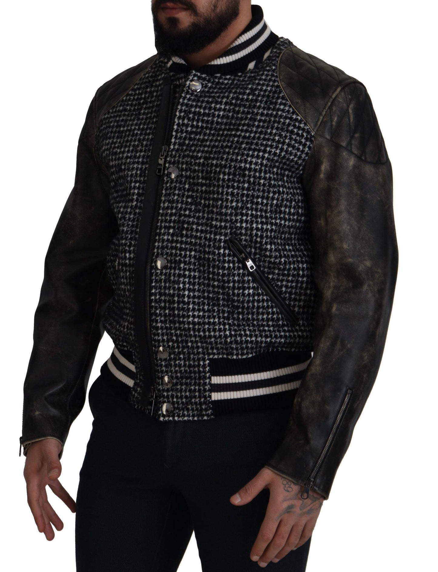 Chaqueta bomber de poliéster con estampado pata de gallo negro