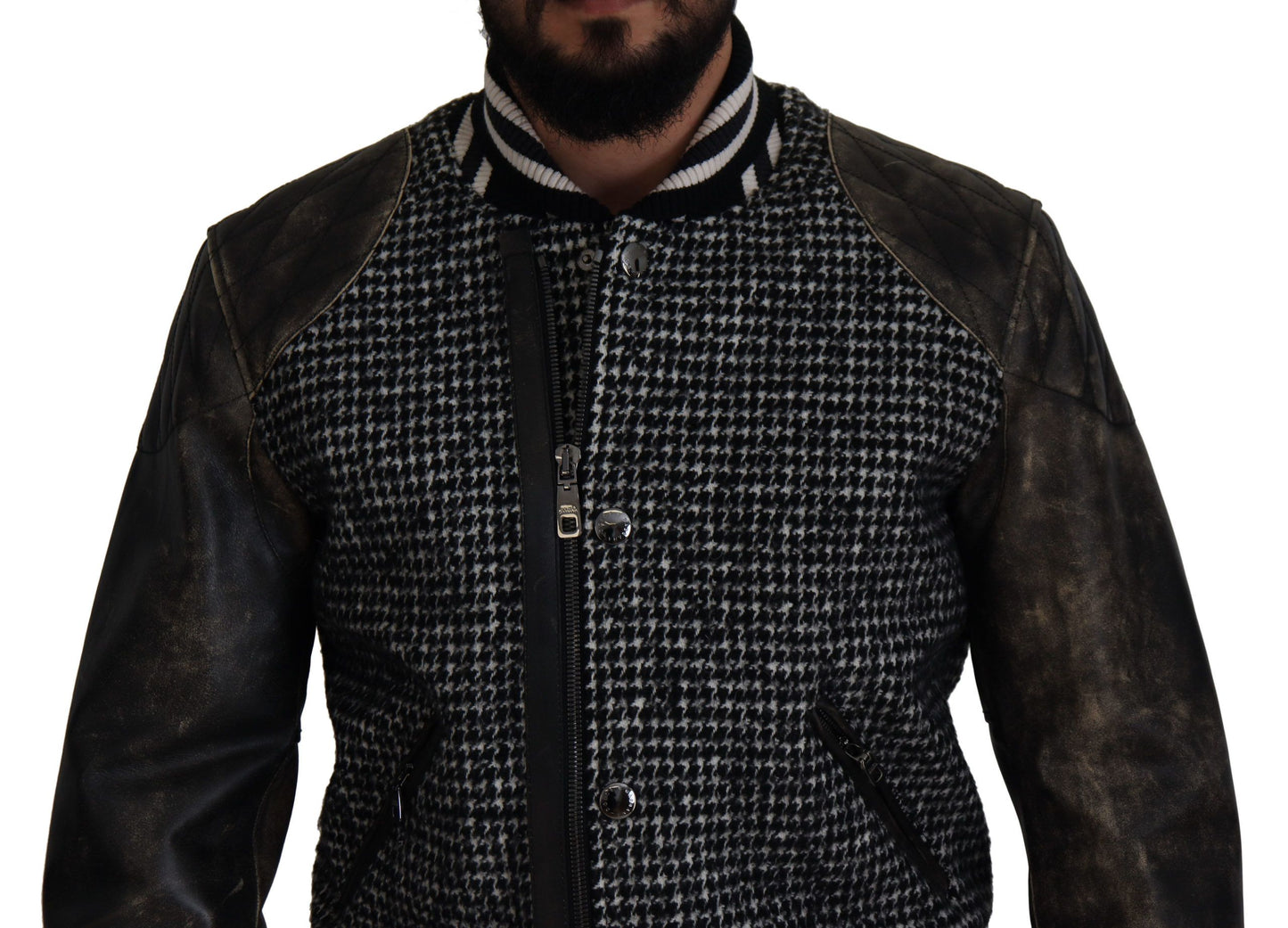 Chaqueta bomber de poliéster con estampado pata de gallo negro