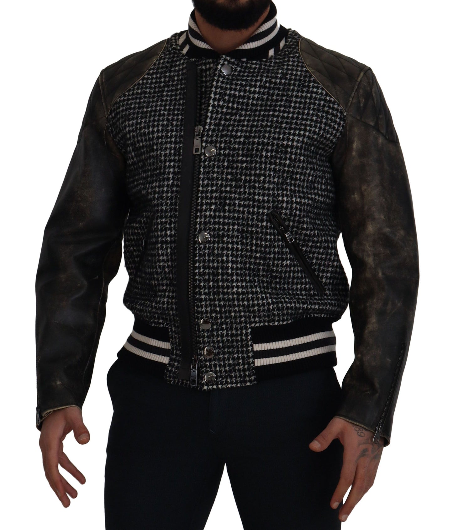 Chaqueta bomber de poliéster con estampado pata de gallo negro