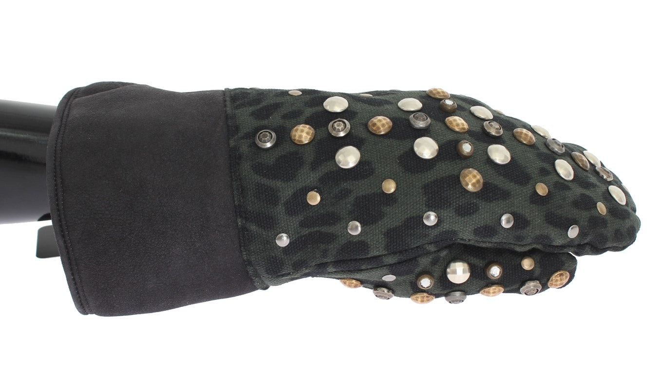 Guantes de piel de oveja gris con tachuelas de leopardo verde