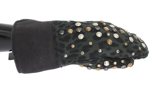 Guantes de piel de oveja gris con tachuelas de leopardo verde