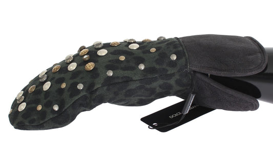 Guantes de piel de oveja gris con tachuelas de leopardo verde