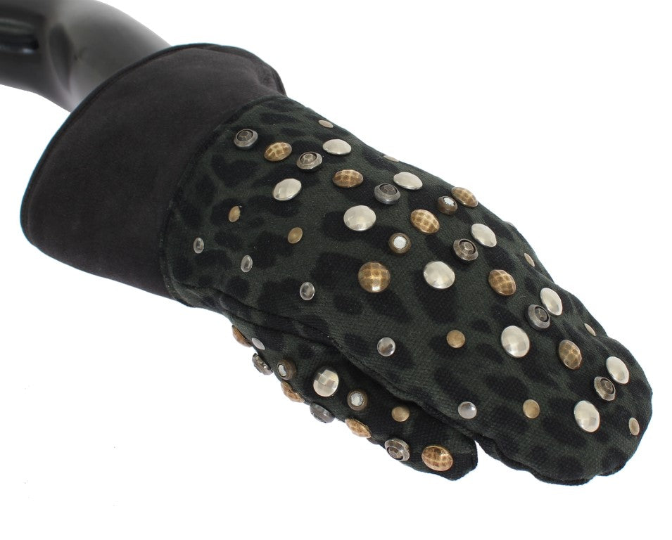 Guantes de piel de oveja gris con tachuelas de leopardo verde