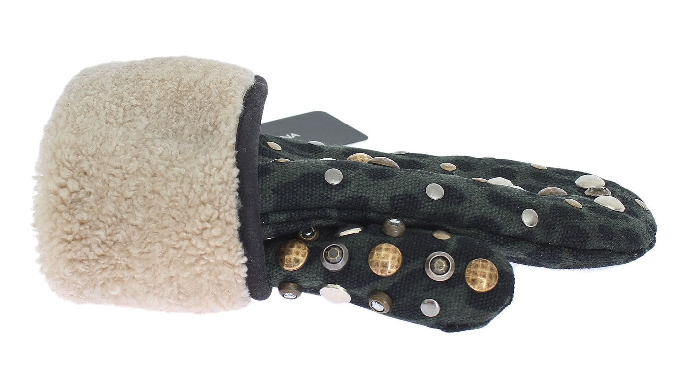 Guantes de piel de oveja gris con tachuelas de leopardo verde